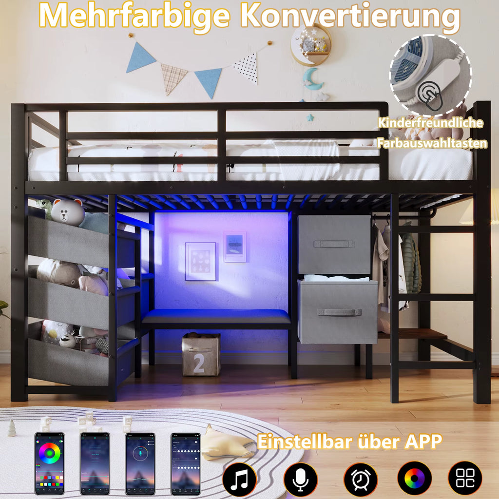 90X200 High Bed with Drawer LED & Storage Bags Black without Mattress