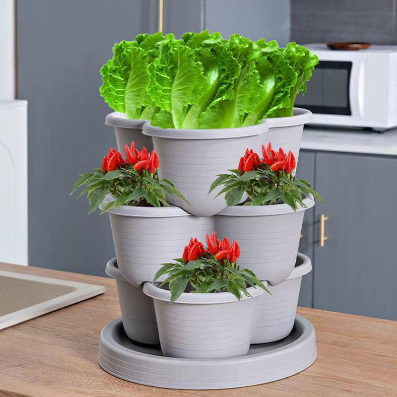 4 Tiers Stackable Garden Planter Tower for Vegetables Gardening Flower Pots Indoor Gardening System with Tray and Flexible Wheel
