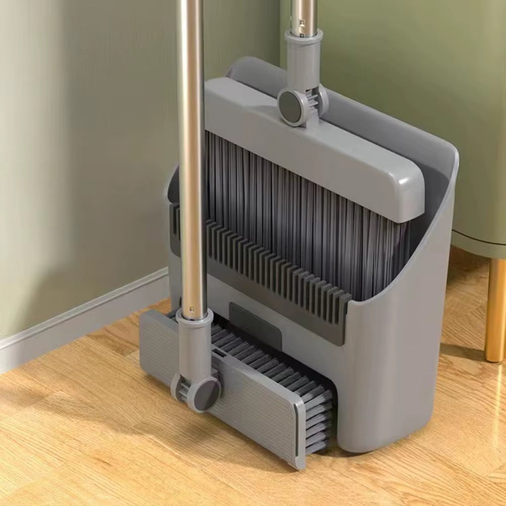 Ergonomic Broom Handle 3-In-1 Broom Dustpan Combo Set Adjustable Long Handle Push Broom with Self-Cleaning Dustpan for Indoor