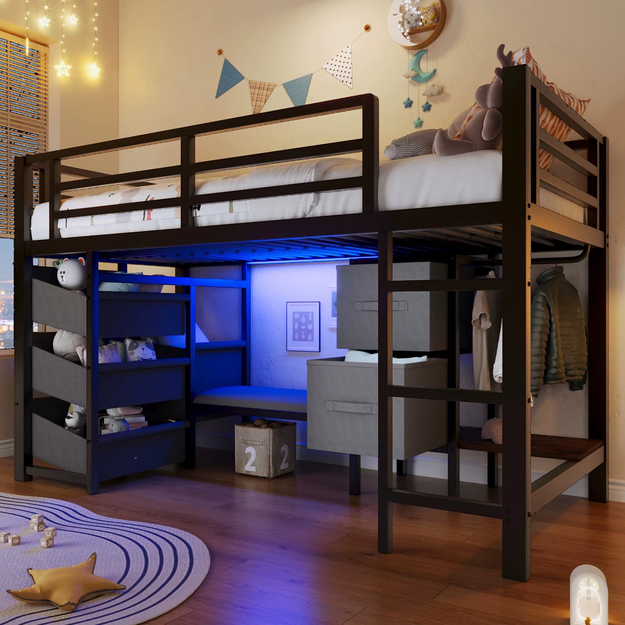 90X200 High Bed with Drawer LED & Storage Bags Black without Mattress