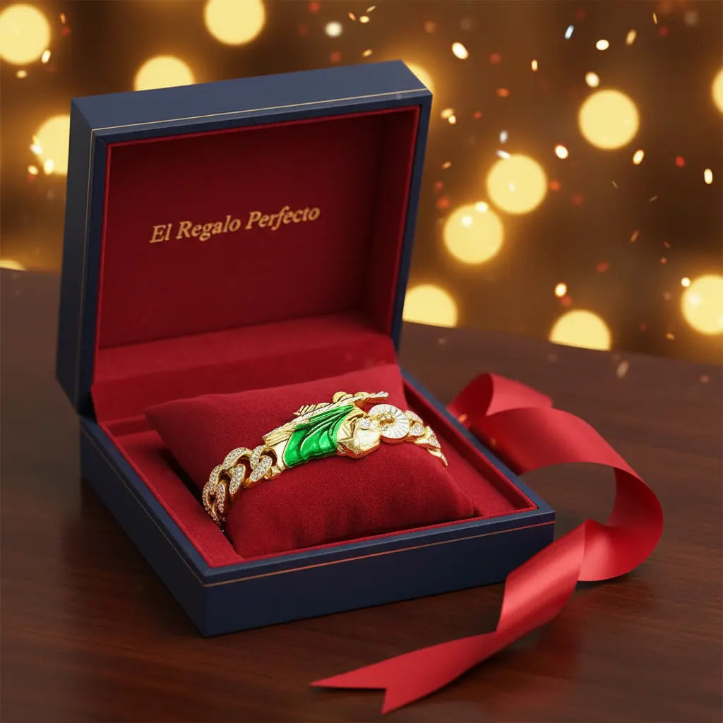 San Judas Tadeo Iced Out Cuban Link Bracelet - 14K Gold Plated Saint Jude Bracelet with Green Robe - Pulsera De San Judas Protection Jewelry for Men & Women