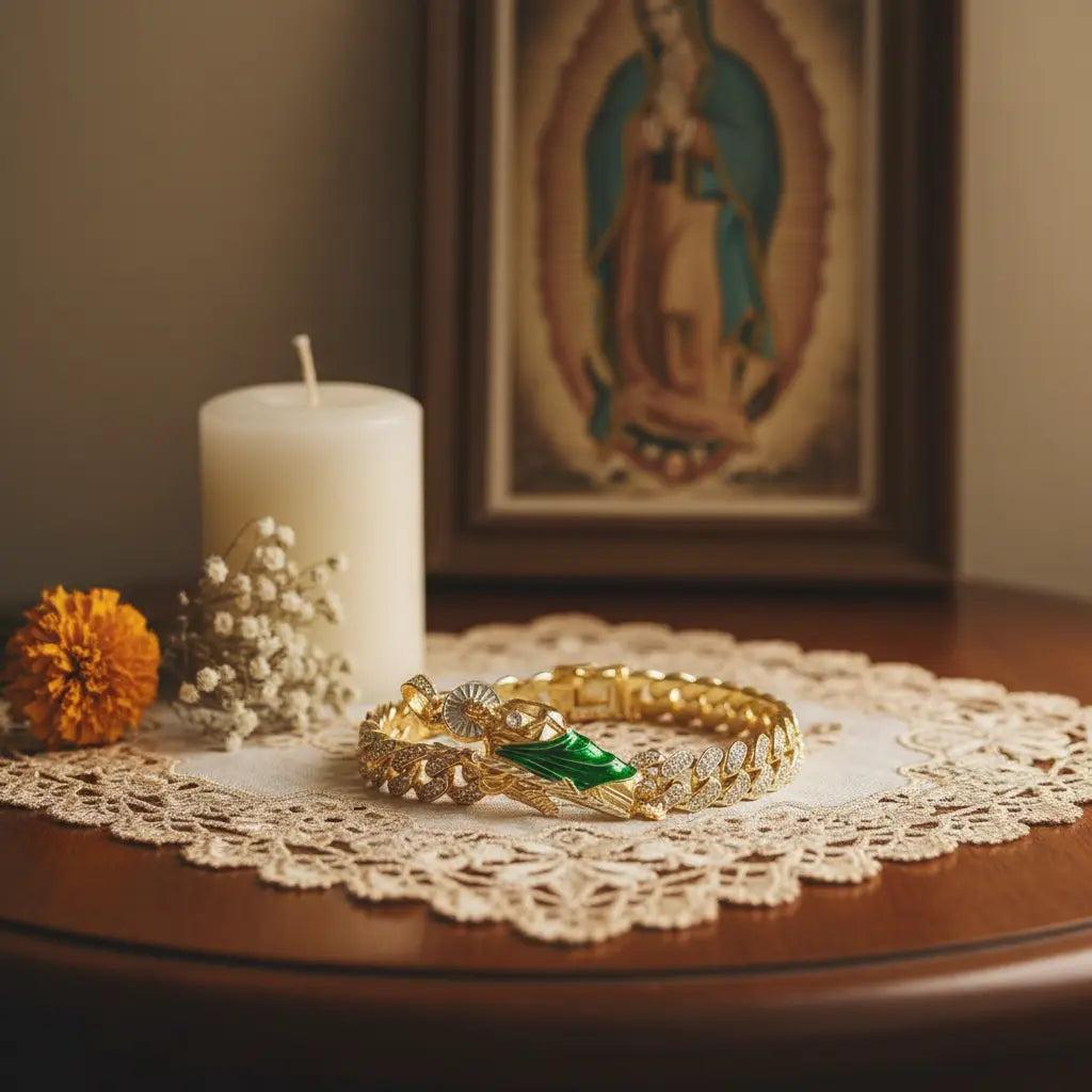 San Judas Tadeo Iced Out Cuban Link Bracelet - 14K Gold Plated Saint Jude Bracelet with Green Robe - Pulsera De San Judas Protection Jewelry for Men & Women