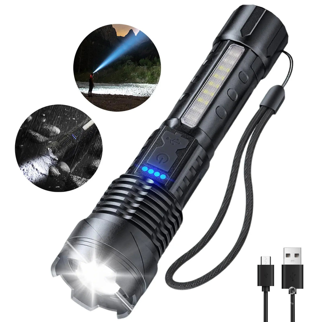 Strong Light Flashlight USB Rechargeable the Portable Highlumen Flashlight.With Emergency White Light and Red & Blue Alarm Lights.Waterproof Design.Ideal for Camping, Mountaineering, Fishing, Garden, Road.Fathersdaygift Multifunctional