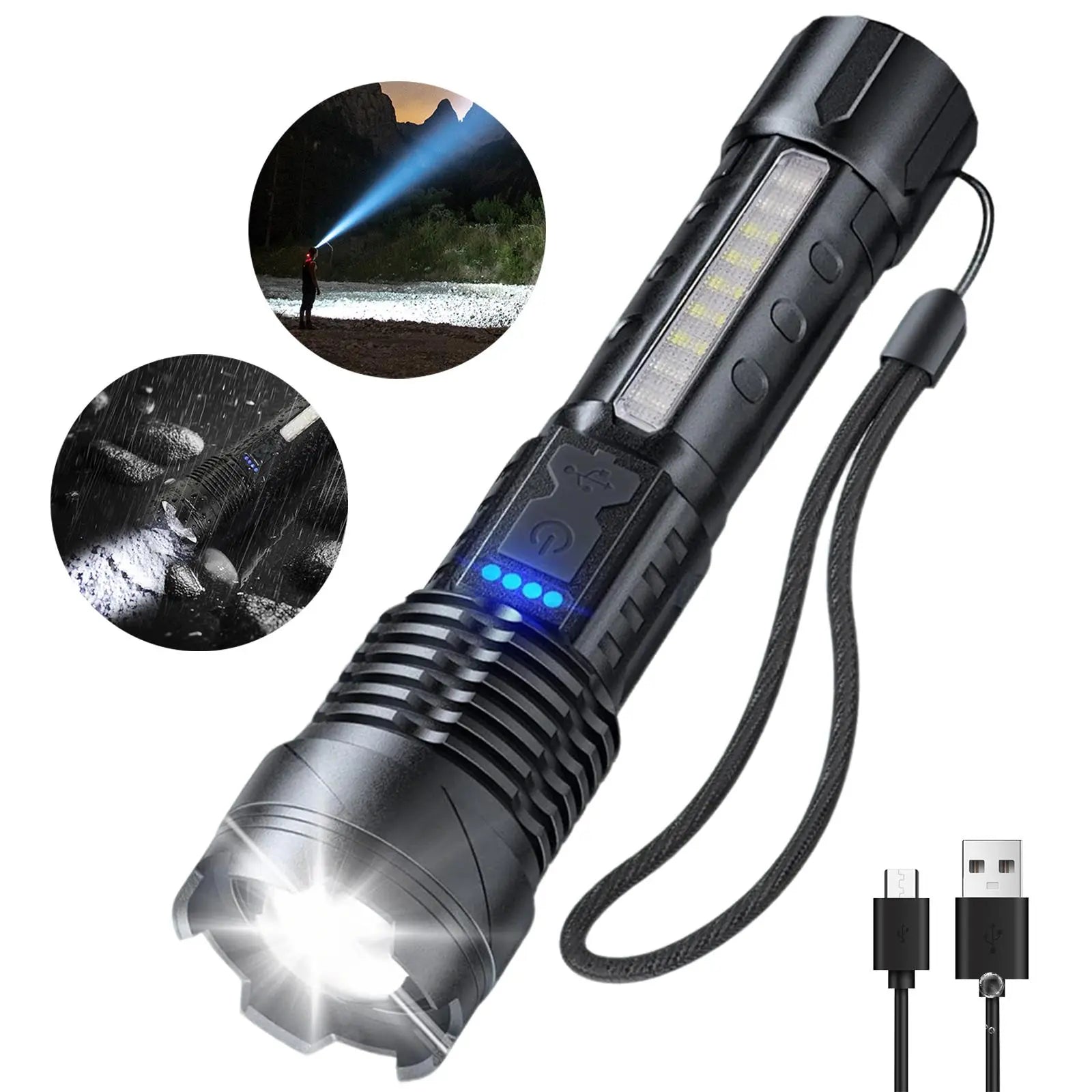 Strong Light Flashlight USB Rechargeable the Portable Highlumen Flashlight.With Emergency White Light and Red & Blue Alarm Lights.Waterproof Design.Ideal for Camping, Mountaineering, Fishing, Garden, Road.Fathersdaygift Multifunctional
