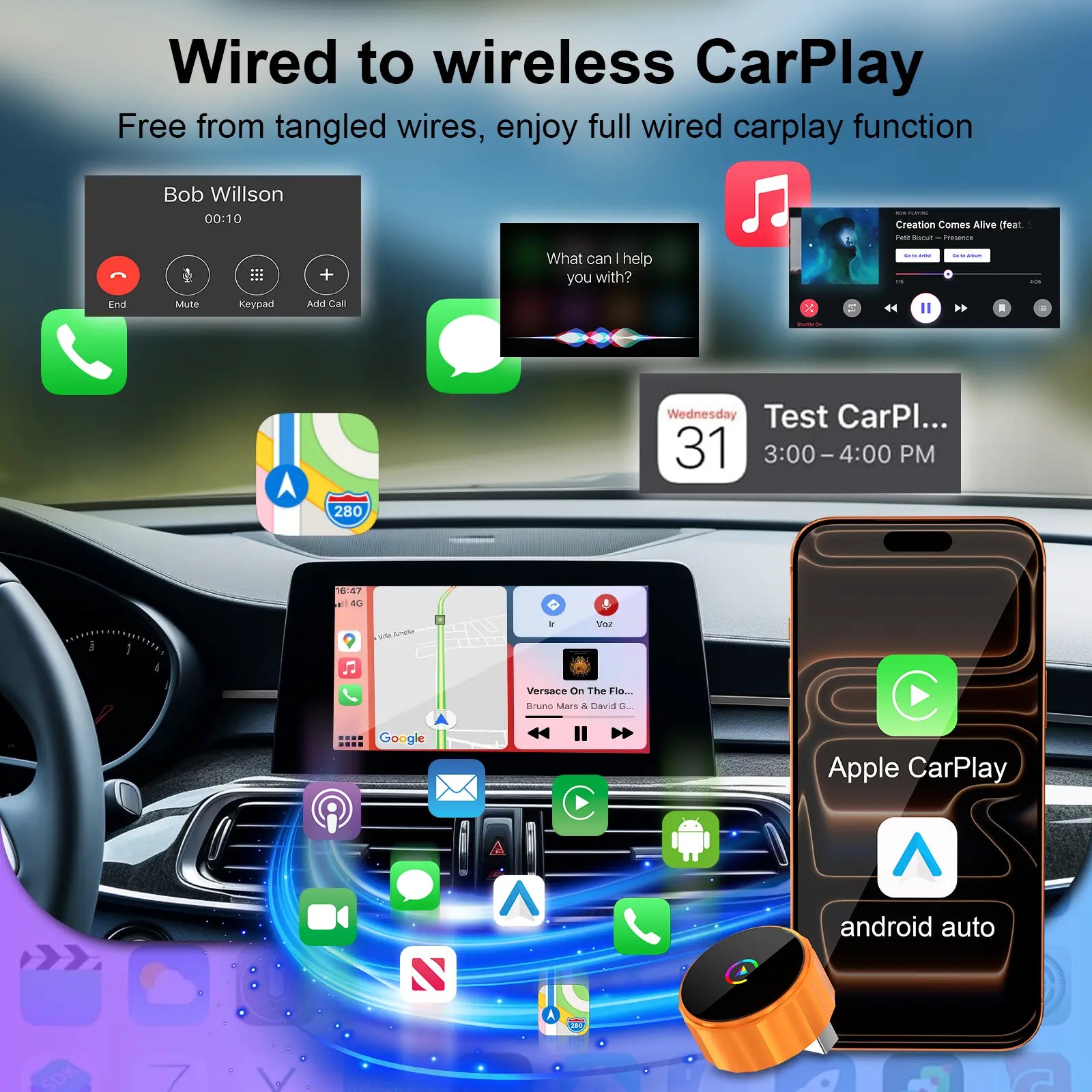2026 New Wireless Carplay Adapter for Apple Iphone & Android, Plug & Play, Fast Auto-Reconnect