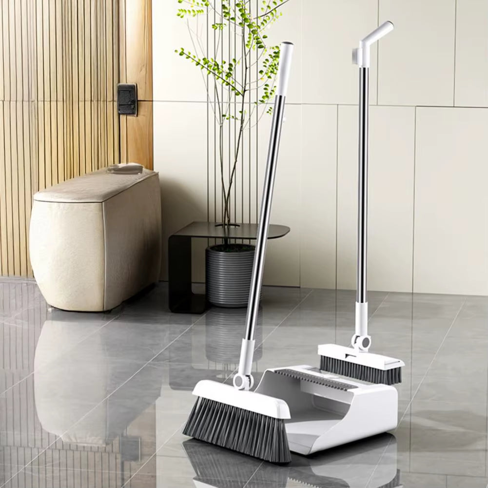 Ergonomic Broom Handle 3-In-1 Broom Dustpan Combo Set Adjustable Long Handle Push Broom with Self-Cleaning Dustpan for Indoor