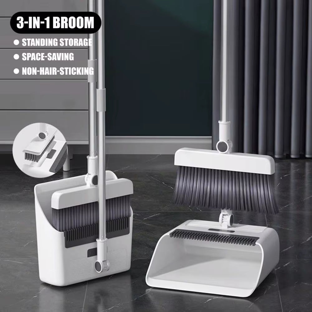 Ergonomic Broom Handle 3-In-1 Broom Dustpan Combo Set Adjustable Long Handle Push Broom with Self-Cleaning Dustpan for Indoor