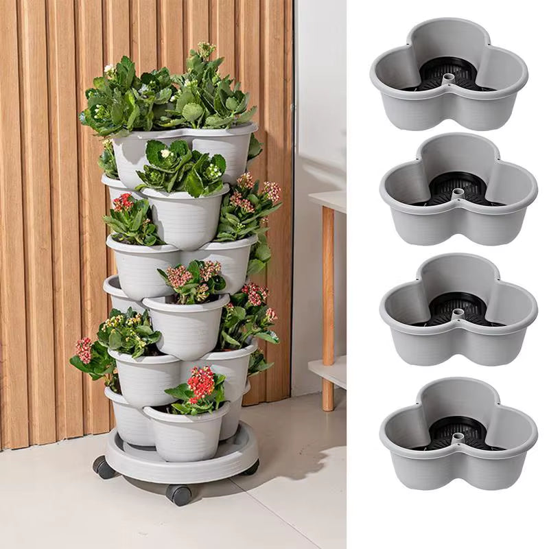 4 Tiers Stackable Garden Planter Tower for Vegetables Gardening Flower Pots Indoor Gardening System with Tray and Flexible Wheel