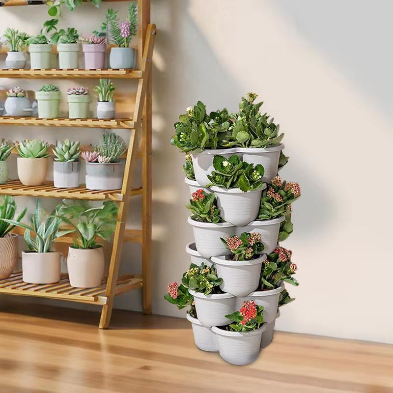 4 Tiers Stackable Garden Planter Tower for Vegetables Gardening Flower Pots Indoor Gardening System with Tray and Flexible Wheel