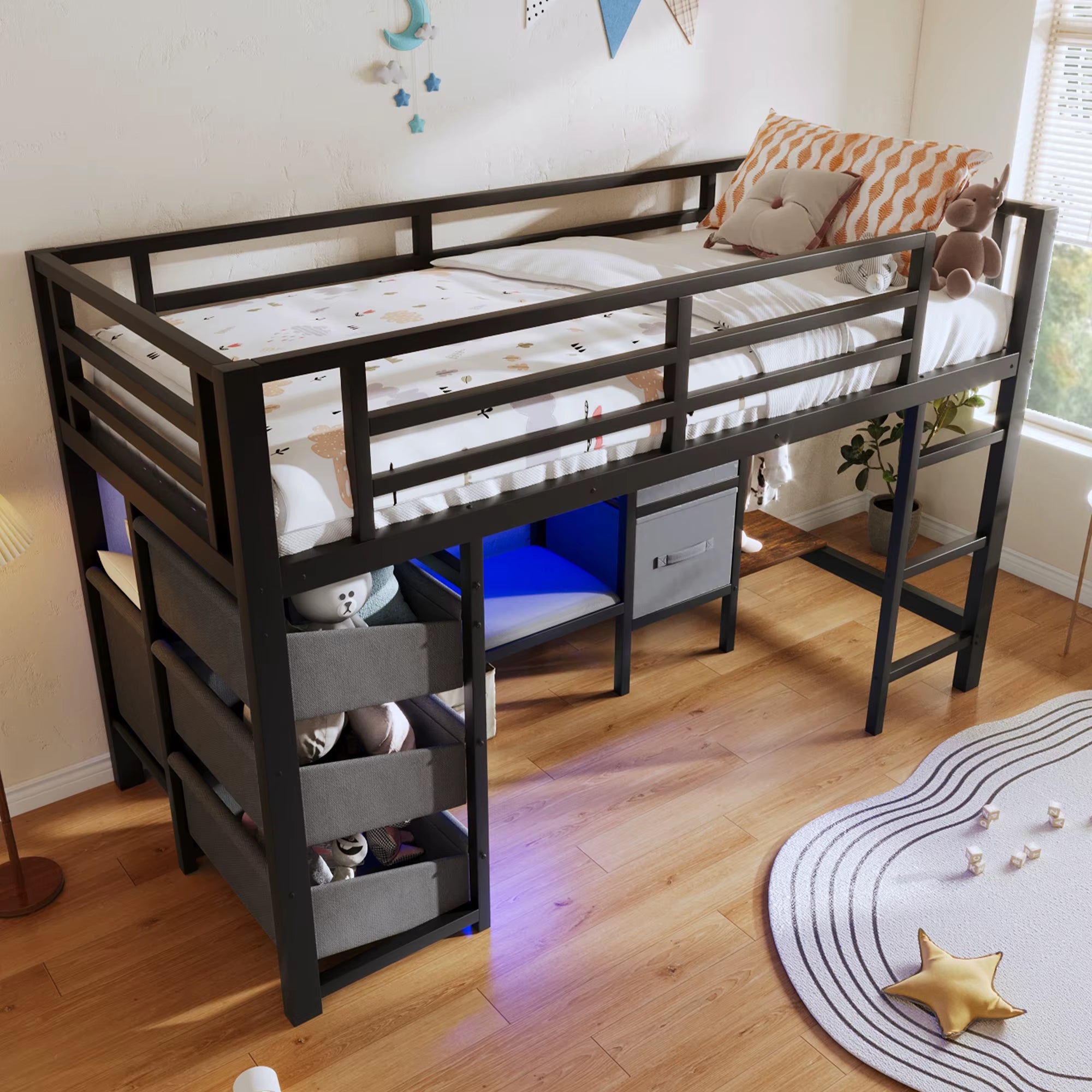 90X200 High Bed with Drawer LED & Storage Bags Black without Mattress