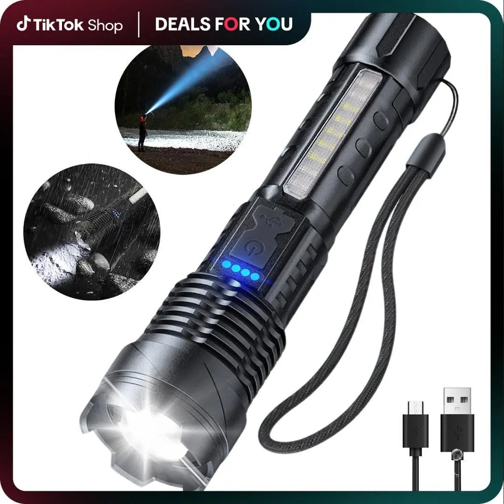 Strong Light Flashlight USB Rechargeable the Portable Highlumen Flashlight.With Emergency White Light and Red & Blue Alarm Lights.Waterproof Design.Ideal for Camping, Mountaineering, Fishing, Garden, Road.Fathersdaygift Multifunctional