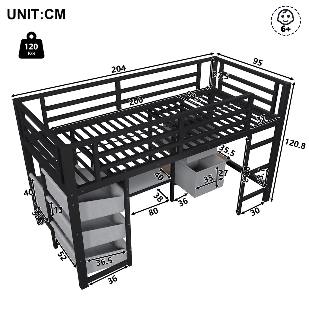 90X200 High Bed with Drawer LED & Storage Bags Black without Mattress