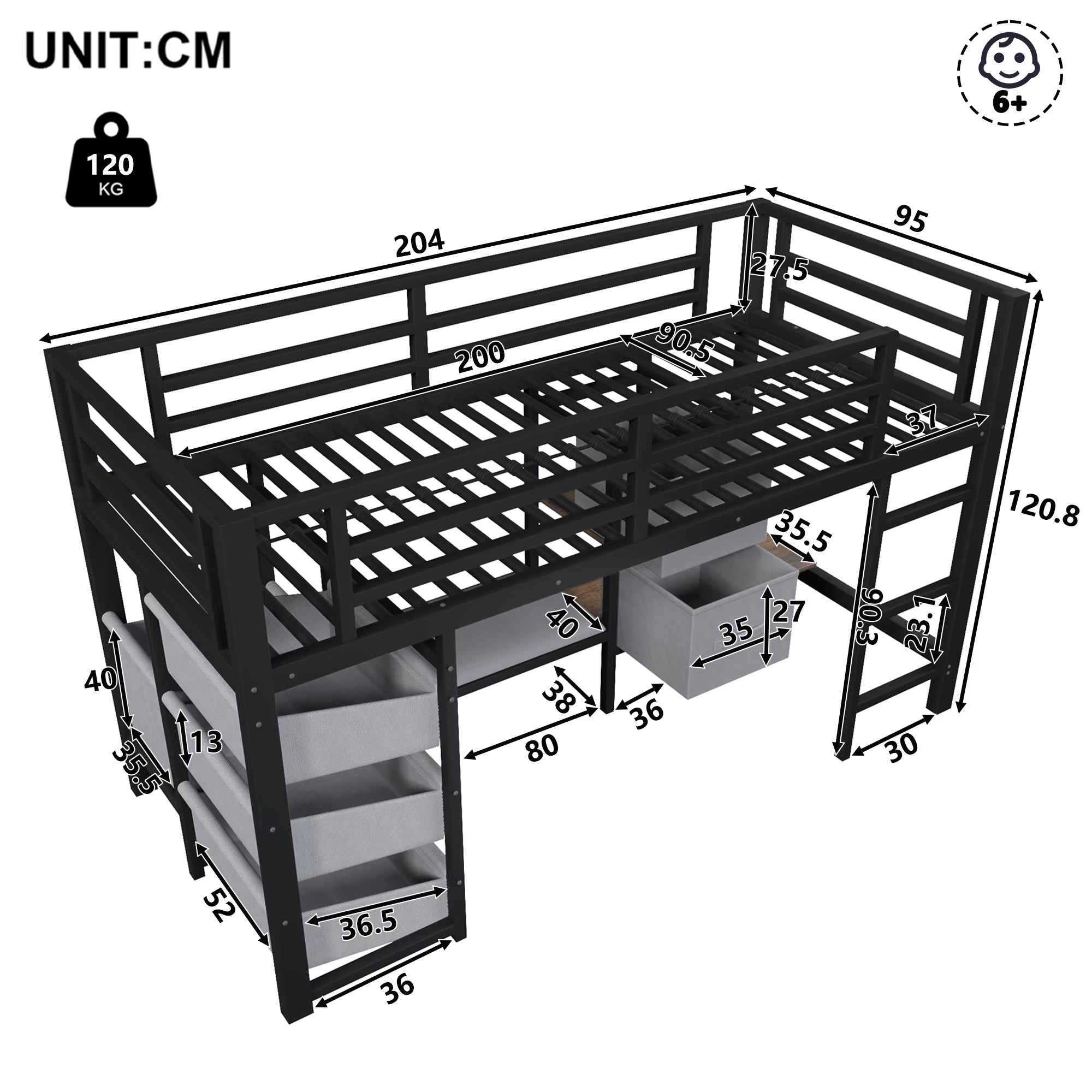 90X200 High Bed with Drawer LED & Storage Bags Black without Mattress