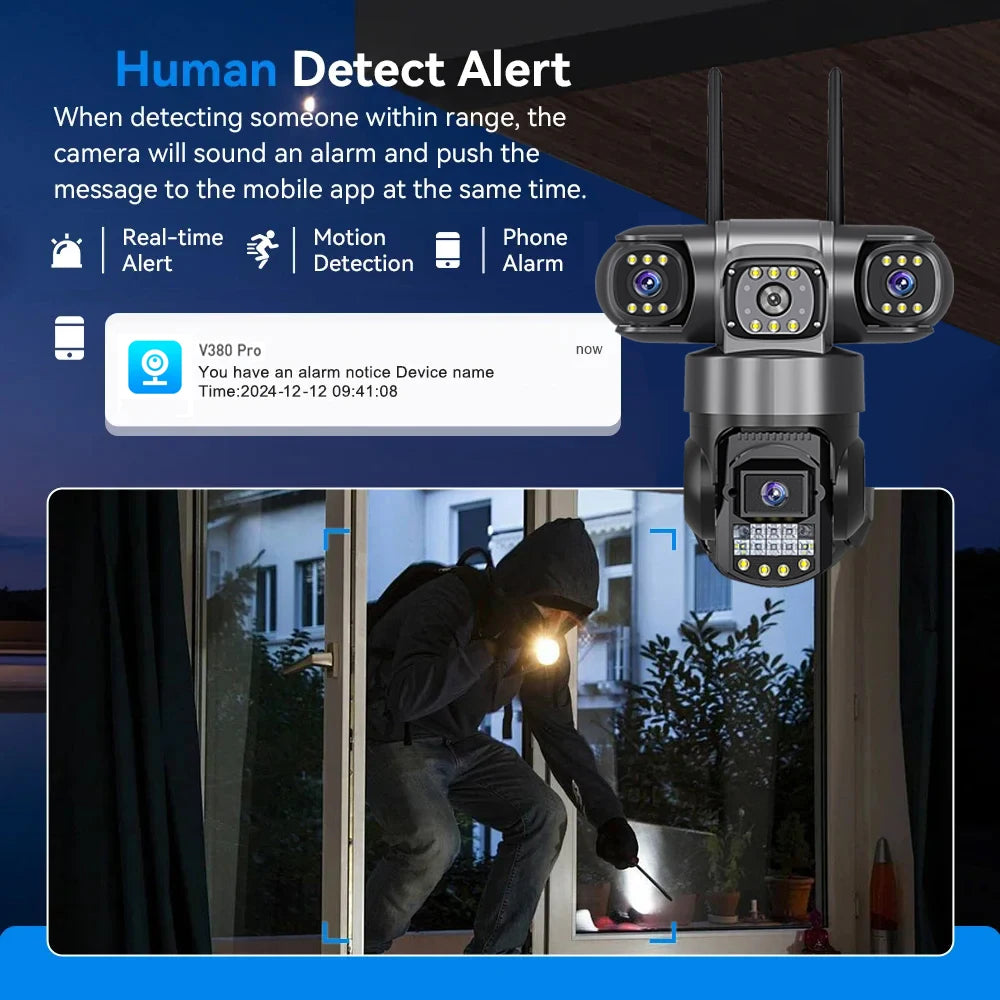 Cámara IP WiFi V380 Pro para exteriores, 12 MP, 6K, triple lente, triple pantalla, monitor de video de seguridad, visión nocturna, resistente al agua, CCTV.