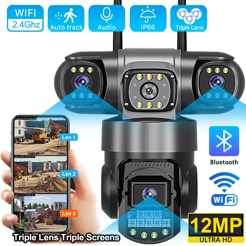 Cámara IP WiFi V380 Pro para exteriores, 12 MP, 6K, triple lente, triple pantalla, monitor de video de seguridad, visión nocturna, resistente al agua, CCTV.