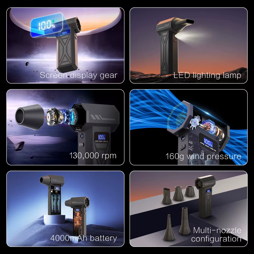 Turbo Fan Wind Pressure Powerful Turbo Air Blower with LED Light Wireless Dust Blower High Speed Jet Blower Vacuum Turbo Jet Fan