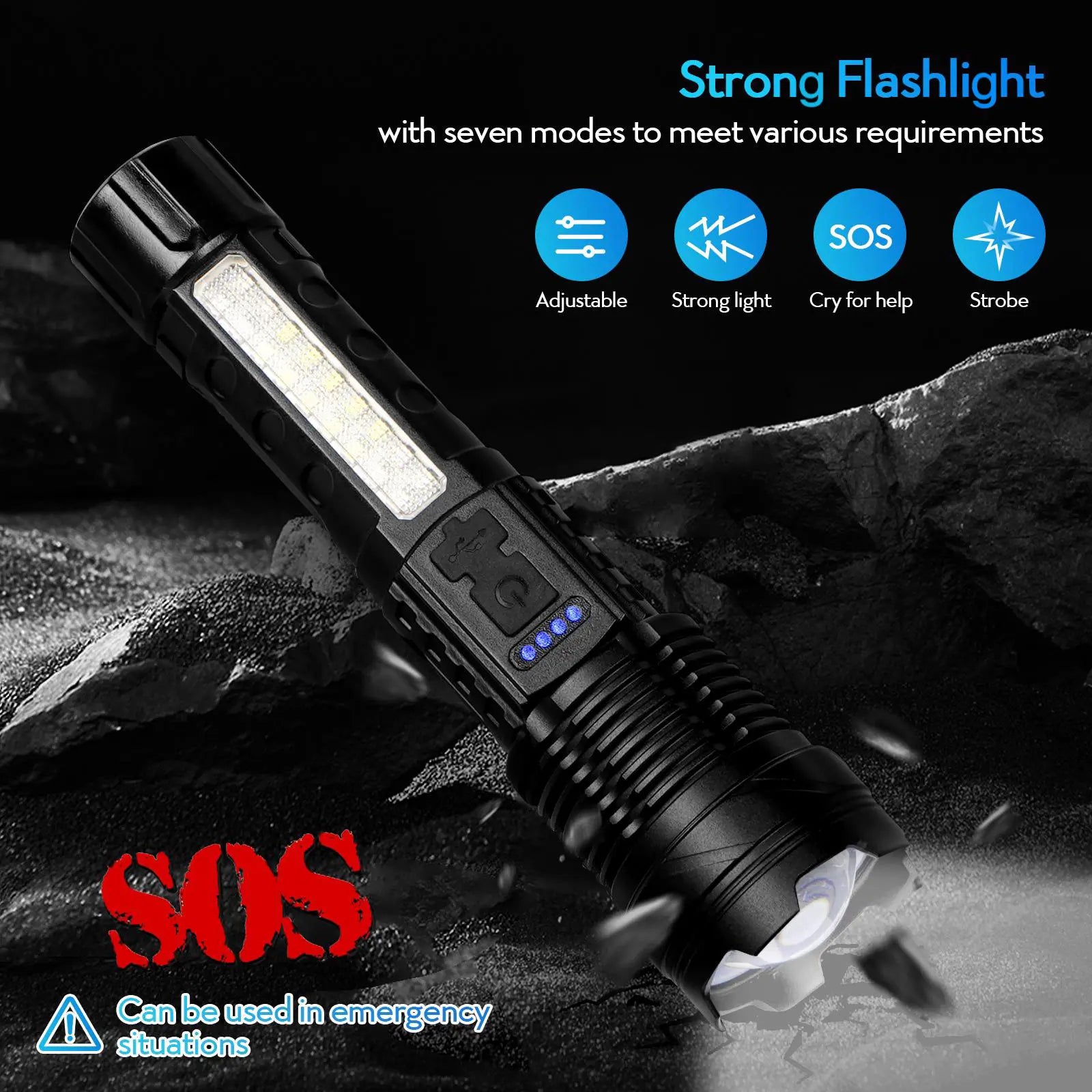 Strong Light Flashlight USB Rechargeable the Portable Highlumen Flashlight.With Emergency White Light and Red & Blue Alarm Lights.Waterproof Design.Ideal for Camping, Mountaineering, Fishing, Garden, Road.Fathersdaygift Multifunctional