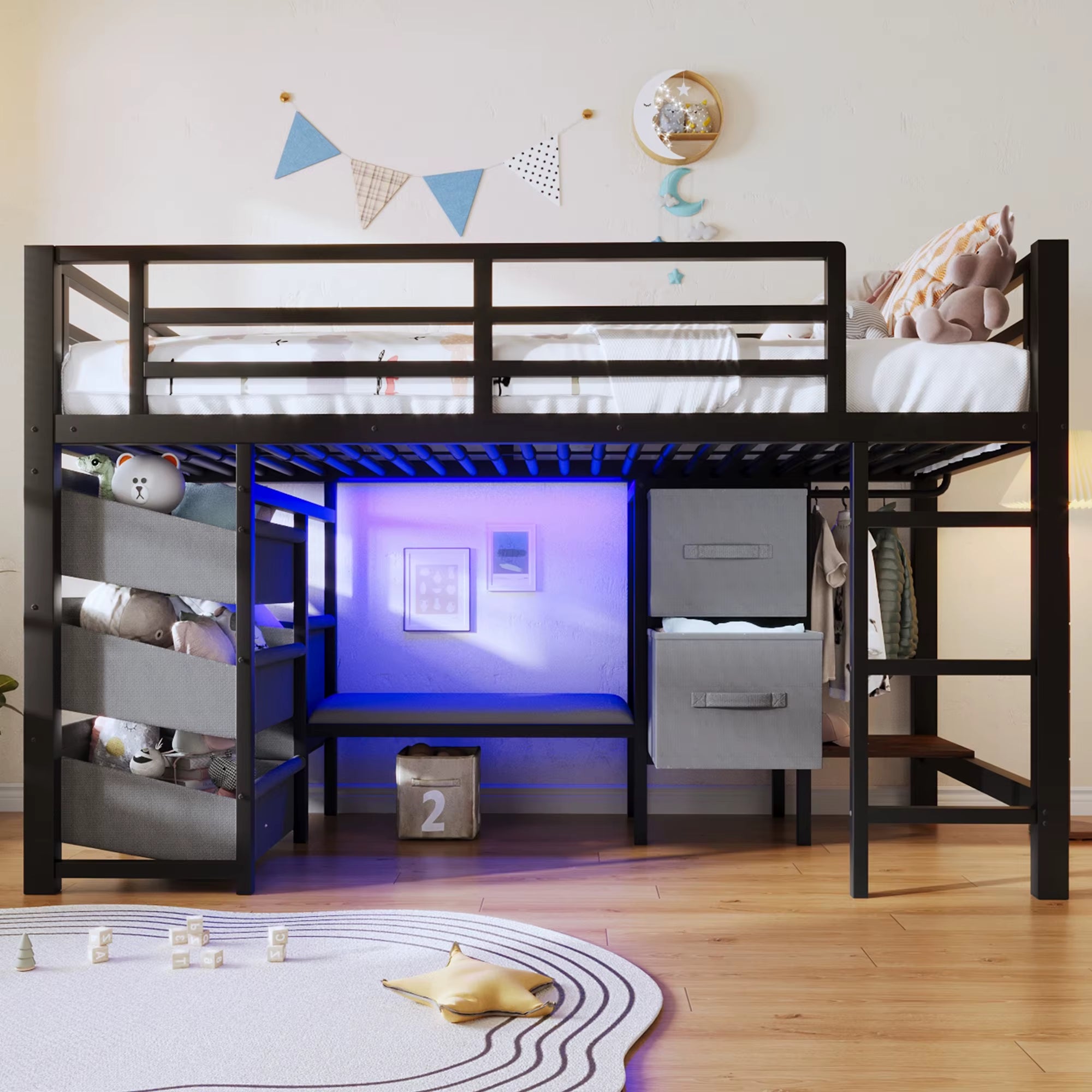 90X200 High Bed with Drawer LED & Storage Bags Black without Mattress