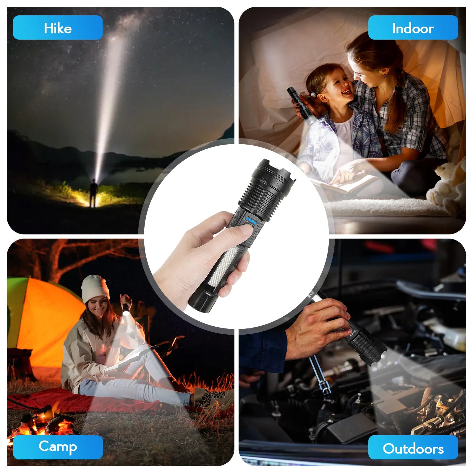 Strong Light Flashlight USB Rechargeable the Portable Highlumen Flashlight.With Emergency White Light and Red & Blue Alarm Lights.Waterproof Design.Ideal for Camping, Mountaineering, Fishing, Garden, Road.Fathersdaygift Multifunctional