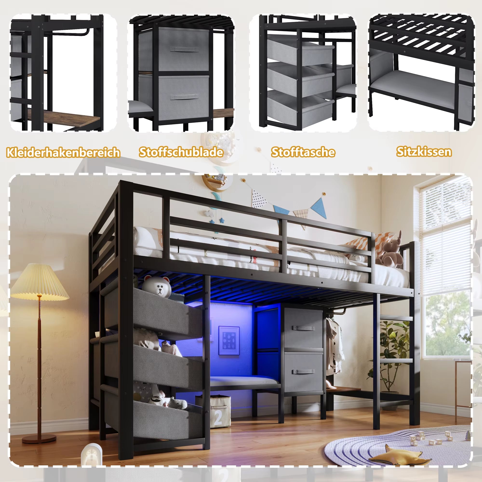 90X200 High Bed with Drawer LED & Storage Bags Black without Mattress