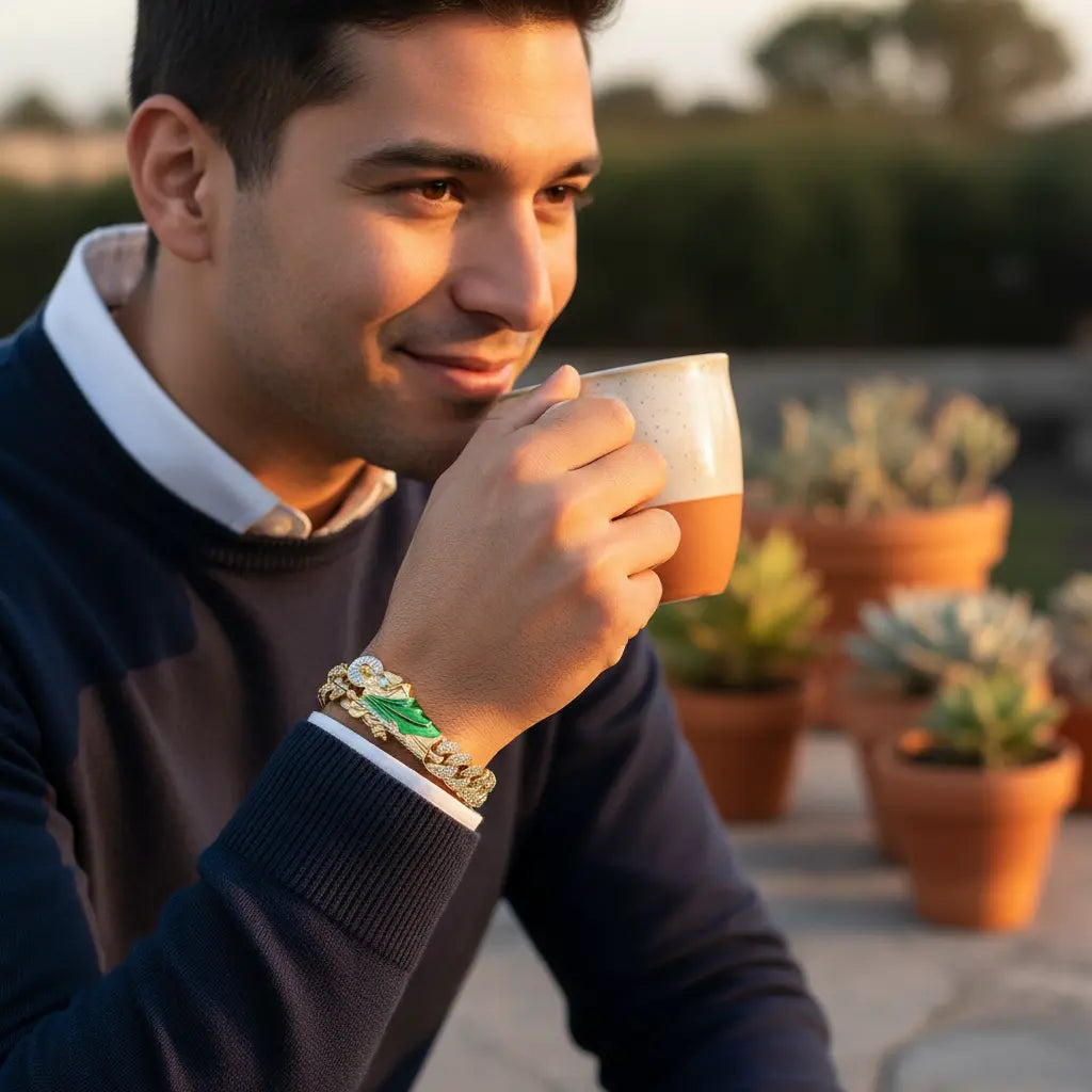 San Judas Tadeo Iced Out Cuban Link Bracelet - 14K Gold Plated Saint Jude Bracelet with Green Robe - Pulsera De San Judas Protection Jewelry for Men & Women