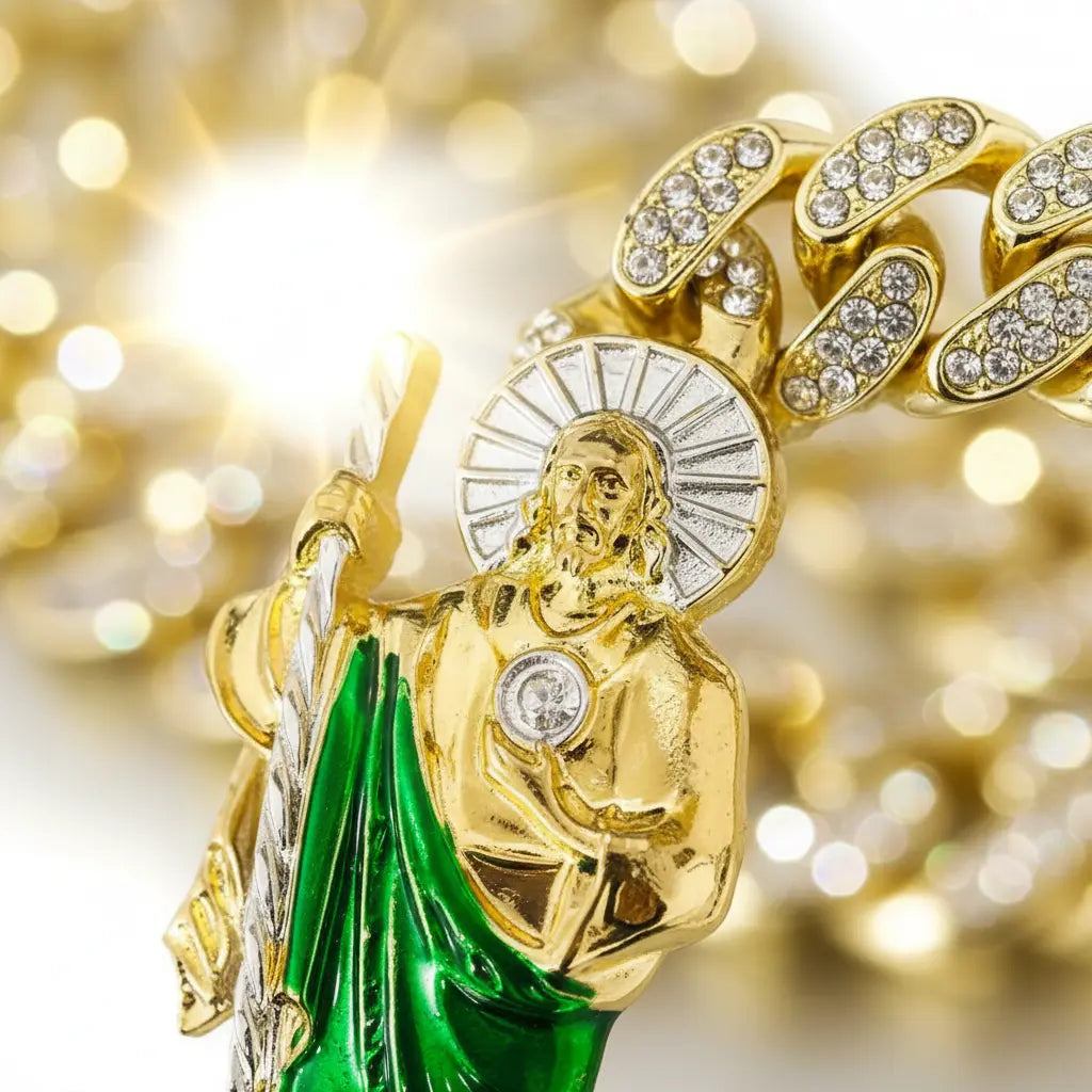 San Judas Tadeo Iced Out Cuban Link Bracelet - 14K Gold Plated Saint Jude Bracelet with Green Robe - Pulsera De San Judas Protection Jewelry for Men & Women