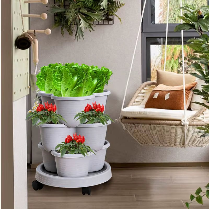 4 Tiers Stackable Garden Planter Tower for Vegetables Gardening Flower Pots Indoor Gardening System with Tray and Flexible Wheel